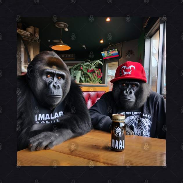 two gorillas enjoying beer in bar by Maverick Media